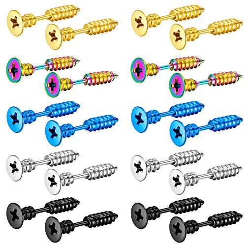 10 Pairs Screws Earrings Punk Style Stainless Steel Piercing Screws Hoop Earrings Ear Studs