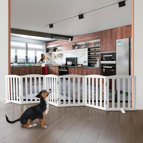 Image of Freestanding Pet Gate, Folding Safety Fence Wooden Kids & Dog Gate with 2PCS Support Feet Ideal for Stairs, Doorways, Halls, Kitchens, Indoors Gates, 24 inch(60 Cm), White (6 Panel)