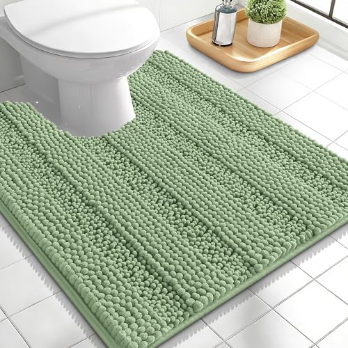 Image of OLANLY Thick Toilet Rugs U-Shaped 24x20, Extra Soft Absorbent Chenille Striped Contour Bathroom Rugs for Toilet, Dry Quickly, Machine Washable, Non-Slip Bath Mat, Sage Green