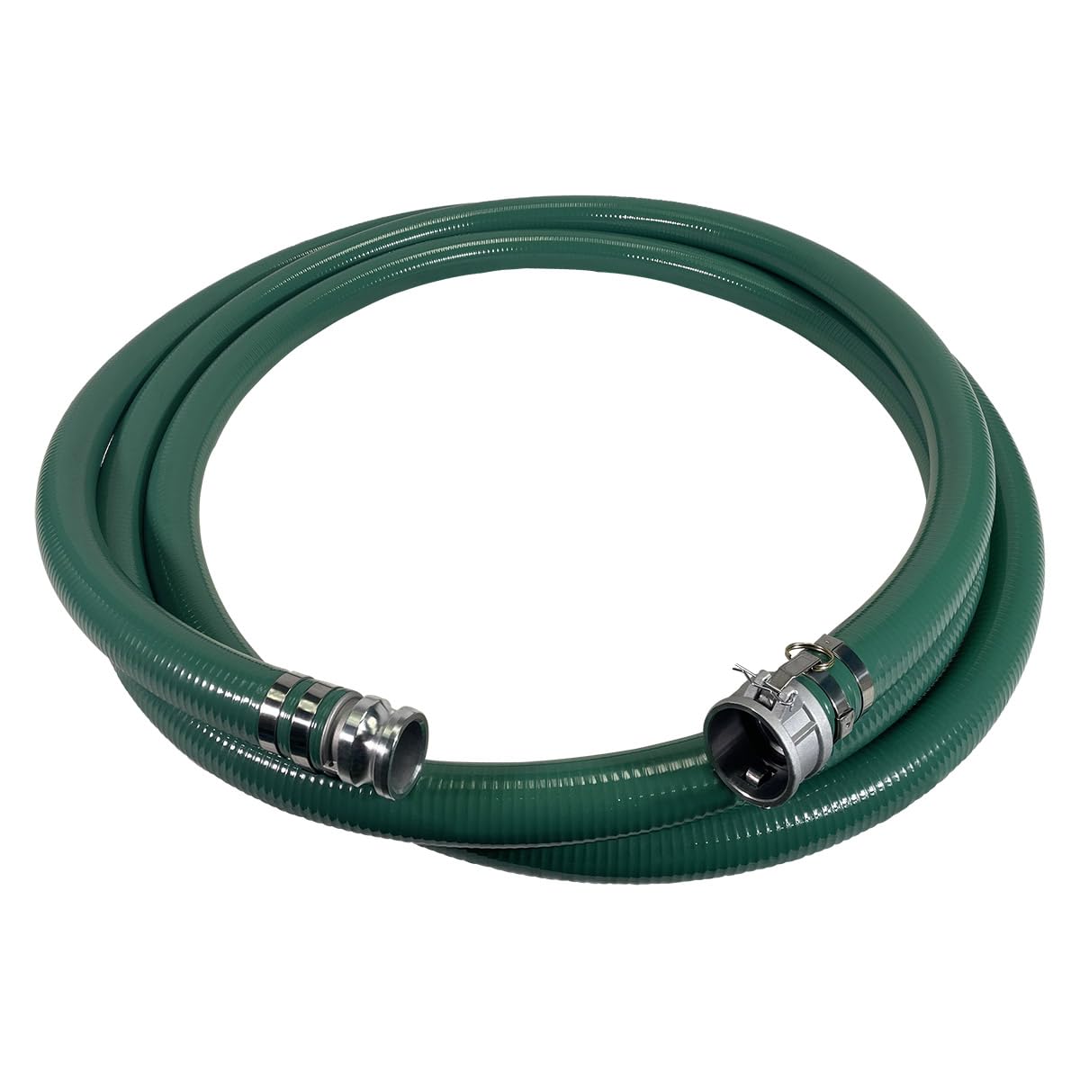 Gloxco Heavy Duty Green PVC Suction Hose Assembly for Water Transfer, 2" Inside Diameter, Installed Male x Female Cam and Groove Fittings, 30 ft