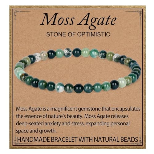 LPBeads Handmade Natural Gemstone Stretch Elastic 4mm Moss Agate Bracelet Healing Crystal Round Stone Beads Jewelry Gifts for Women Men