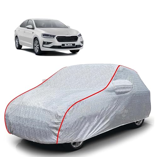 Image of Sulfar 100% Waterproof Car Body Cover Compatible with Mirror for Skoda Slavia (Triple Stitched, Full Bottom Elastic, Magic Silver with Red Piping)
