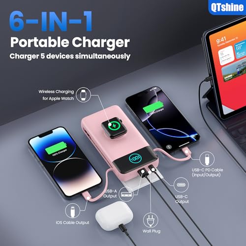Image of Portable Charger for iPhone, 40800mAh Power Bank with Built-in Cables & AC Wall Plug, 5 Outputs USB C Fast Charging External Battery Pack for iPhone 17 /16 /15 /14, Android, Travel Essential (Pink)
