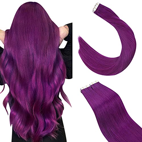 14 Inch Tape in Natural Human Hair Extensions Purple Real Human Hair Extensions Seamless Human Hair 25Grams/10PCS Glue in Human Hair Tape in Hair Extensions