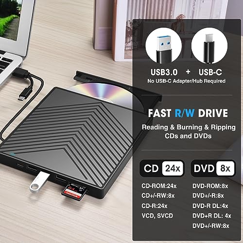 ROOFULL Gravador externo de CD/DVD +/-RW USB 3.0 Tipo-C ultra fino portátil CD DVD Drive óptico grav