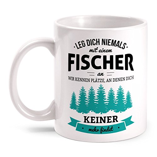 Fashionalarm Taza Leg dich nie mit einem Fischer an beidseitig bedruckt mit Spruch | Geburtstag Geschenk Idee Angler Angeln Angelsport Hobby, Farbe:weiß