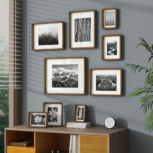 Image of 16x24 Poster Frame, USA-Sourced Natural Walnut Wood Picture Collage Frame with HD Tempered Glass, 16 x 24 Wooden Photo Frame Matted to 12x18, Vertical & Horizontal Wall Hanging Display
