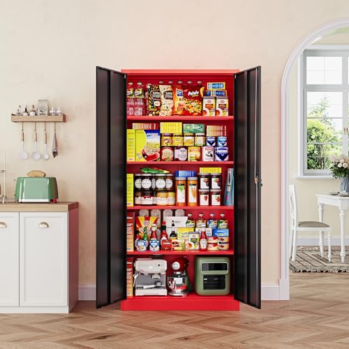Image of Letaya Metal Storage Cabinets with Lock, 72 inch Tall Locker Organizer Steel Cabinets, Adjustable Layers Shelves 2 Doors for Home, Office, Warehouse,Garage(Black Red)