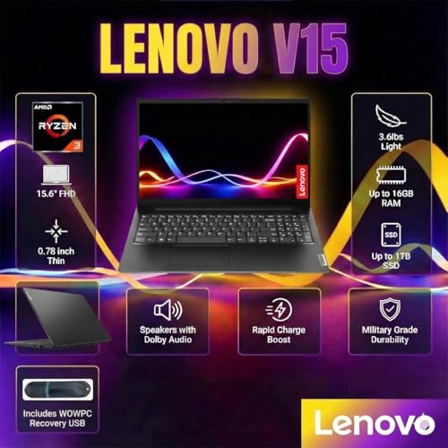 Image of Lenovo V15 2026 Student & Business Laptop, AMD Ryzen 3 7320U (Beats i7-1160G7), 15.6 inch FHD IPS Display, 16GB RAM, 256GB SSD, Ethernet Port RJ-45, Windows 11 Pro, WOWPC Recovery USB, No Mouse