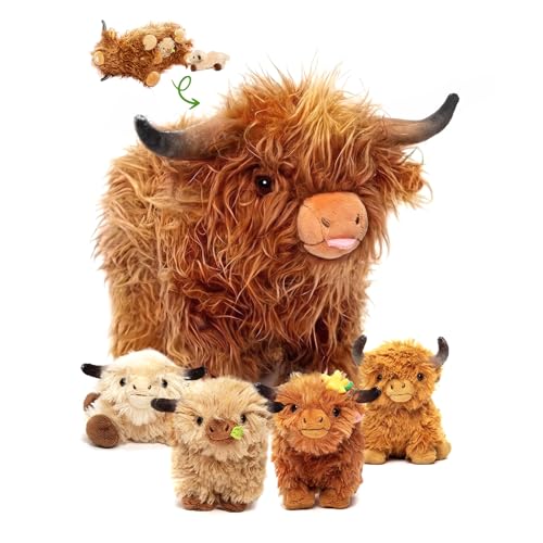 OUOZZZ Highland Cow Stuffed Animal, 14.5' Large Mom and 4 Babies Set