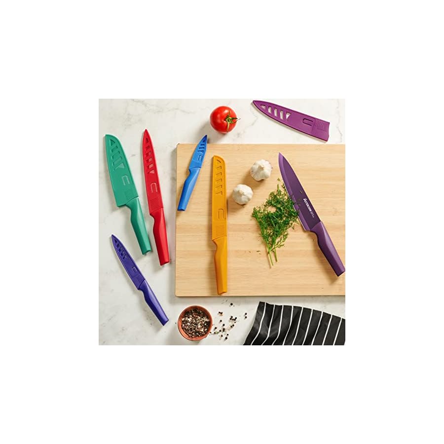 Astercook Knife Set, 12 Pcs Color-Coded Kitchen Knives Set, 6 Color Anti-Rust Coating Stainless Steel Chef Knife Sets with 6 Blade Guards Dishwasher Safe