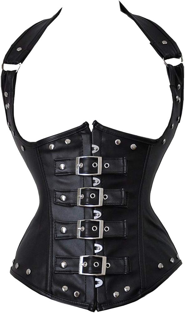 VEENDEO Women's Pu Leather Halter Shoulder Straps Open Bust Corset Vest Waistcoat Top