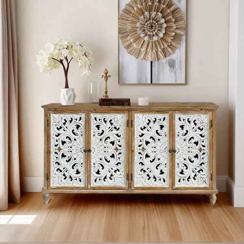 Image of Hand-Carved Wood Buffet Cabinets - Solid Wood Storage Cabinet,Entry Way Cabinet with Storage for Living Room & Kitchen,Dining Room Storage Cabinet with Doors and Shelves