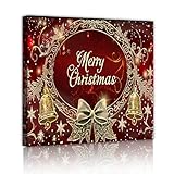 クリスマスキャンバスウォールアートレッドゴールドベルとリボンフレームアートワークプリントリビングルーム装飾用お祝いの季節の壁装飾50x50cmインナーフレーム