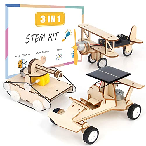 Elf Lab DIY Wooden Building Kit Solar Power Race Car and Electric Motor Tank,Biplane Glider,STEM DIY 3D Wooden Puzzles, Educational Puzzle Game, Assembly Learning Toy,Engineering,3 in 1 Set