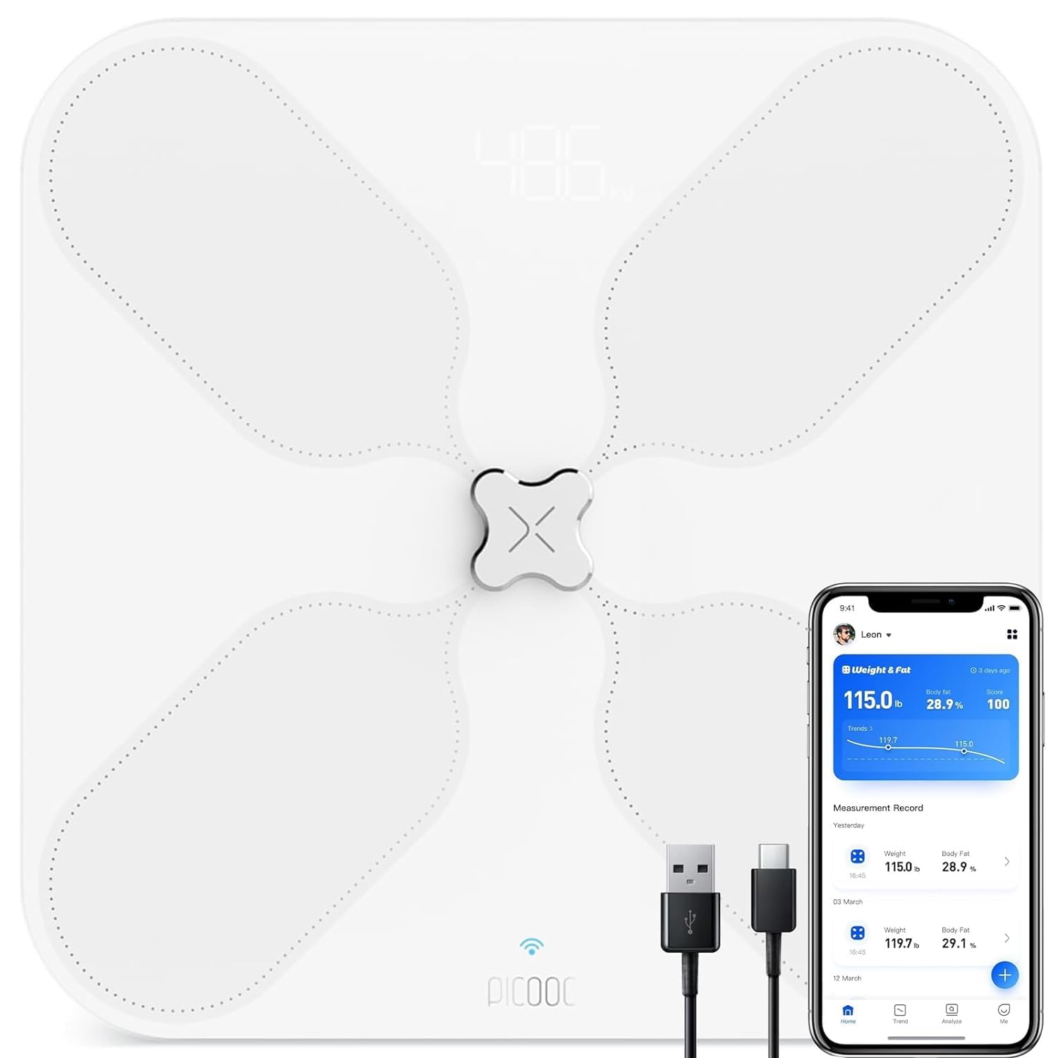 PICOOC Smart WiFi Body Fat Scale, 25 Body Composition Analyzer Weight Scale, Rechargeable BMI Scale with App, Digital Bluetooth Bathroom Scale for Weight, Fat, BMI, Heart Rate, Muscle, 13.3" x 13.3"