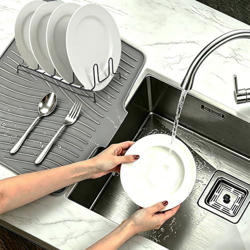 Image of EBIGIC Silicone Dish Drying Mat,19.7 inch*17 inchDish Drying Pad,Kitchen Accessories,with Built-In and Non-Slip Drain,Easy Clean, Fit for Kitchen, Bar, RV, Refrigerator and Drawer Liner, Grey