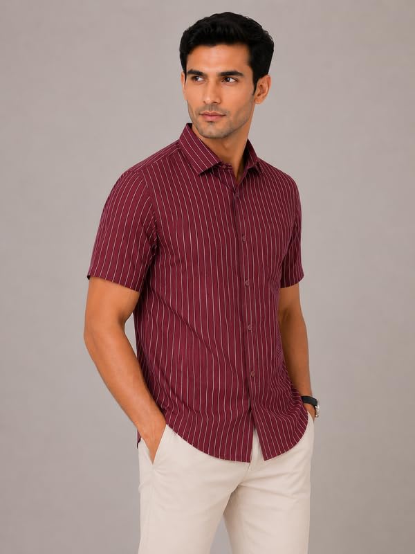 Image of MARK & ALBERT Men's Half Sleeve Cotton Linen Striped Shirt