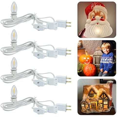 KGC 4 Pack Chainable Accessory Cord with C7 LED Light Bulb, 6 Ft Indoor Blow Mold Light Cord with Male and Female Plugs for Halloween Pumpkins Christmas Village Houses and Craft Projects Decoration Cover