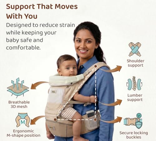 Image of GOLDEN BEE Baby Carrier with 4 Carry Positions, Adjustable Hip Seat Belt, Hip Seat Baby Carrier Bag 4 to 36 Months Baby, New-Born to Toddler Carrier, Ergonomic Baby Carry Bag up to 20kg (Beige)