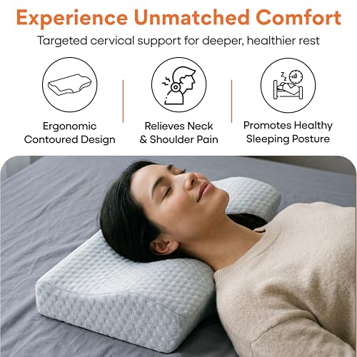 Image of FOVERA Memory Foam Cervical Pillow for Neck Pain | Orthopedic Contour Neck Support Pillow for Sleeping, for Neck and Shoulder Pain, Dual Height (Grey Jacquard Cover, Pack of 1)