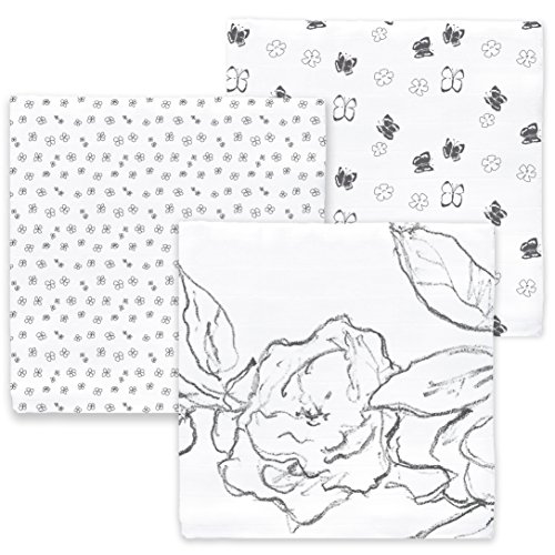 Image of Amazing Baby - Swaddle Studio 3pk - Loved, Floral Milestone & Sensory Muslin Swaddle Blankets, Butterflies and Bitty Flowers - Black & White for Baby's Visual Development