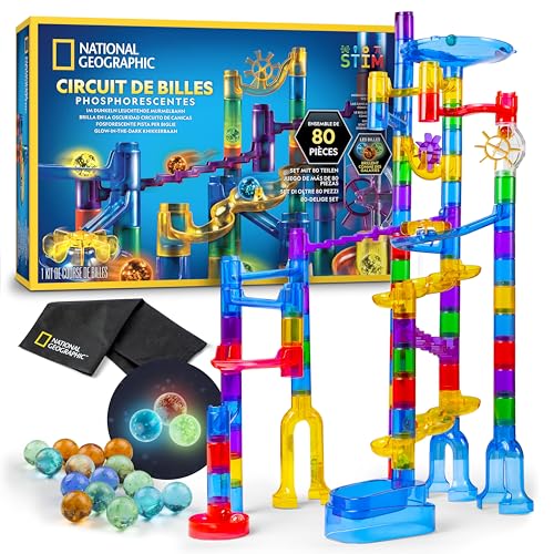 NATIONAL GEOGRAPHIC Percorso di Biglie Fluorescenti – Kit di Costruzione con 15 Biglie in Vetro che si Illuminano al Buio e Sacca, Gioco STEM per Bambini e Bambine