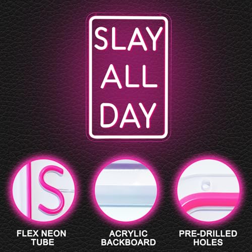 Image of Slay All Day Neon Sign Dimmable Neon Signs for Wall Decor Pink LED Signs USB Light Up Sign Room Decor for Teen Girl Preppy Bedroom Living Room Y2K Coquette Cool Downtown Teenage Girl Room Decoration