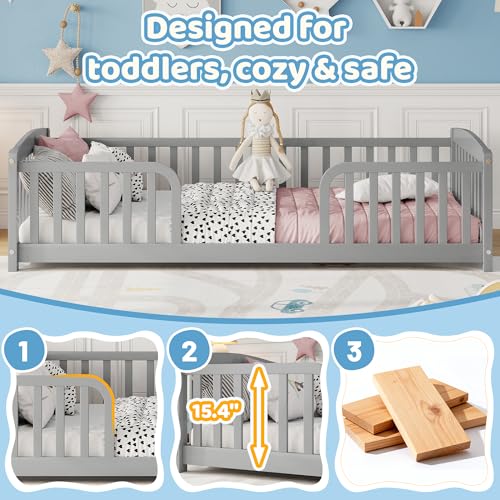 Image of Bellemave Twin Size Montessori Floor Bed Frame with High Fence, Solid Wood Kids Floor Bed with Central Entrance, Low Profile Bed for Boys & Girls, Rounded Corner Design,Gray