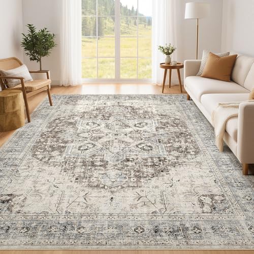 Tortania Area Rug Living Room Rugs - 6x9 Washable Boho Rug Vintage Oriental Distressed Farmhouse Large Thin Indoor Carpet for Living Room Bedroom Under Dining Table Home Office - Brown Blue