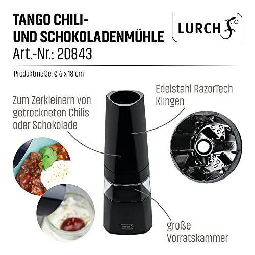 Foto von Lurch 20843 Tango Chilimühle Mit Edelstahl Schneidwerk für getrocknete Chilis oder Schokolade, Kunststoff, Schwarz, 6 x 6 x 18 cm