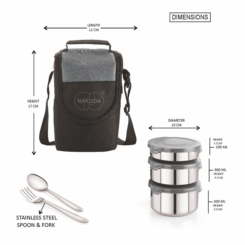Image of NAKODA Trendy Small Insulated Lunch Pack (3 Stainless Steel Container 200ML | 300ML | 400ML | Steel Spoon & Fork) Set of 3-Grey