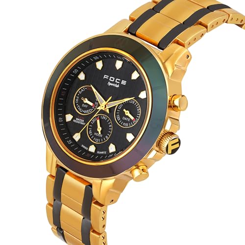 Image of Foce Men's Black & Gold Ceramic Watch - Stylish Dual-Tone Case, Black Dial with 3 Subdials (Day, Date, 24-Hour) - Model F946GGM-BLACK