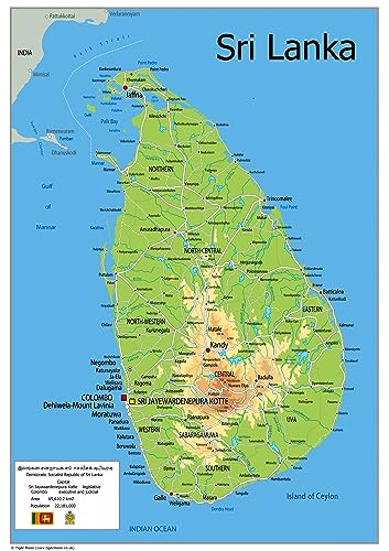 Mapa físico de Sri Lanka   Colección Oxford   Tamaño A1   Papel laminado