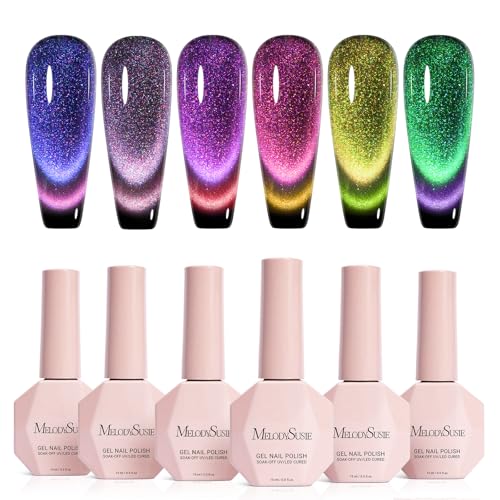 Image of MelodySusie 9D Chameleon Cat Eye Gel Nail Polish Set 6 PCS, 15ml 0.5 Fl Oz Red Rosy Pink Glitter Holographic Magnetic Nail Polish with Magnet, UV Nail Polish for Nail Art Manicure Salon DIY at Home