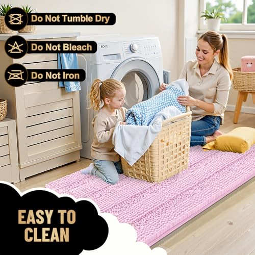 Image of OLANLY Thick Bathroom Runner Rugs 44x24, Extra Absorbent Chenille Striped Bath Rugs, Rubber Backing, Machine Wash Dry, Long Bath Mats for Bathroom Floor, Tub and Shower, Home Decor Accessories, Pink