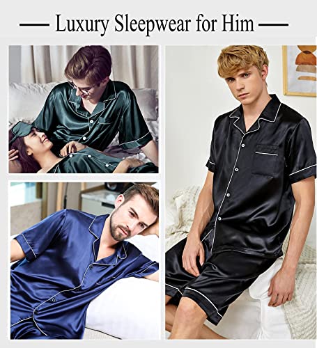 Image of SWOMOG Men Satin Silk Pajamas Sets Short Sleeve Sleepwear Button-Down PJs Sets Two-Pieces Loungewear with Pockets