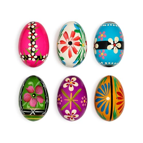 VESPLO Hand Painted Polish Wooden Easter Eggs – Traditional Pisanki Decorative Eggs for Easter & Home Decor – Made in Poland - Set of 6 Units (Medium) 2,36inch