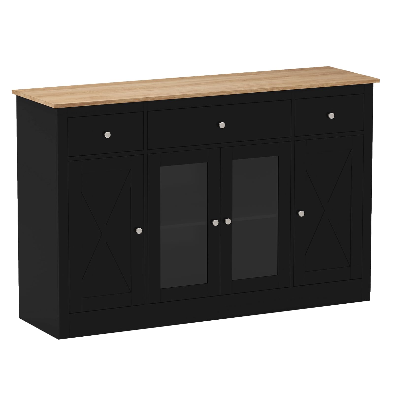 GIANTEX Buffet Salle a Manger avec Tiroirs, Buffet Cuisine avec Plateau Large, 2 Portes Transparente, Étagères Réglables, Meuble de Rangement pour Salle à Manger, Salon, 140 x 40 x 90 cm, Noir