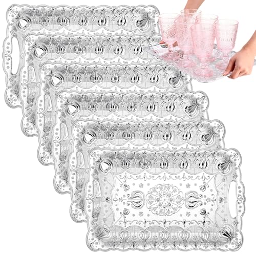LemonRoad 6 Packs Plastic Serving Trays with Handles 17x11'' Retro Vintage Embossing Rectangle Reusable Party Snack Decorative Serving Trays for Tea Coffee Fruit Dessert Jewelry(Silver)