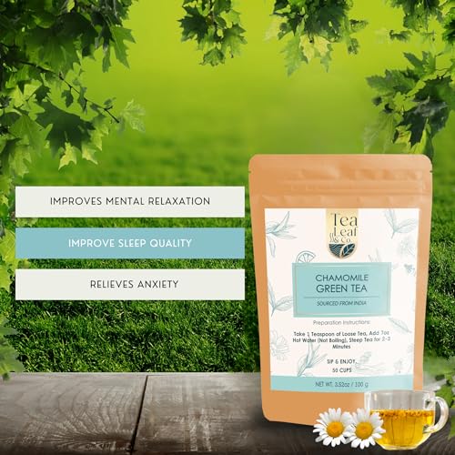 Image of Tealeaf & Co. Chamomile Green Tea Loose Leaf with Lemon Extract and Lemongrass - Chamomile Tea - Contains Low Caffeine - Upto 50 Servings - Gluten Free (3.52oz /100gm)