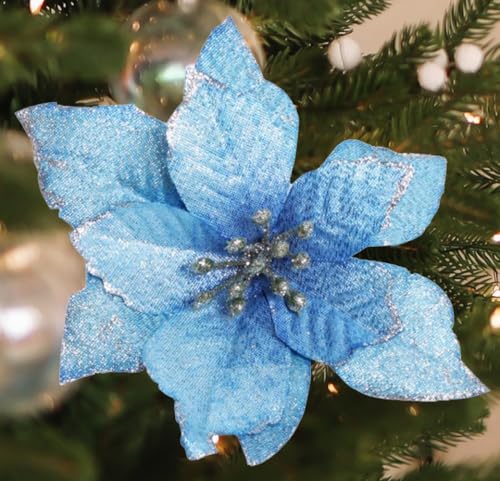 Lippbest 12Pcs Poinsettia Flower Artificial Poinsettia with Stem Christmas Decor Glitter Poinsettia Christmas Ornaments Christmas Tree Flower Decoration DIY Xmas Wreath Mantle Party Decor (Blue)