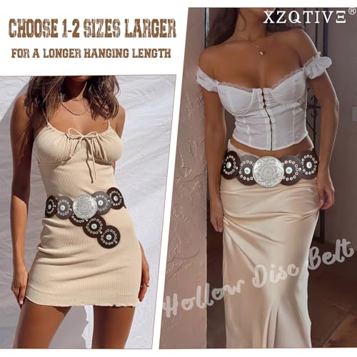 Image of XZQTIVE Western PU Leather Belts for Woman Concho Cowgirl Cowboy Disc Belt for Ladies Wide Boho Country Waist Belts for Dress