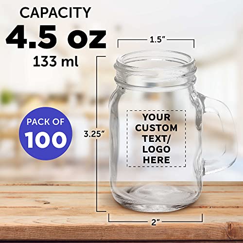 Custom Mason Jar with Handle Set 4.5 oz. Set of 100, Personalized Bulk Pack - Sampler Glasses, Glass Jars for Overnight Oats, Candies, Fruits, Pickles, Spices, Beverages - Clear