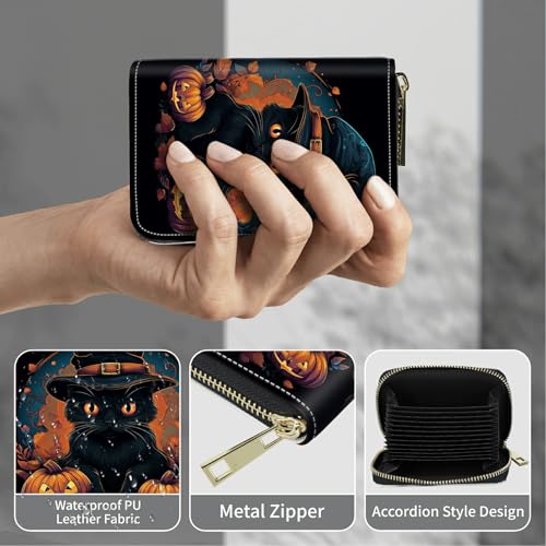 Image of Cute Credit Card Holder with Zipper, Black Cat Halloween RFID-Blocking Card Case Small Wallet for Women Men, Multi-slot Card Organizer Case Travel Accordion Wallet