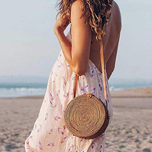 Handwoven Round Rattan Bag Shoulder Leather Straps for Women2