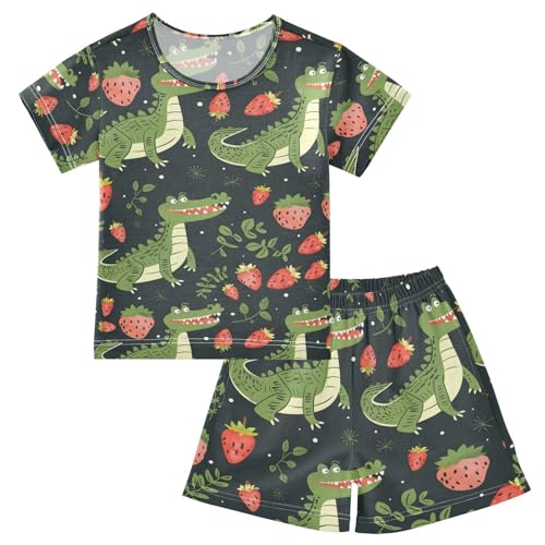 ALAZA Crocodile Strawberry Black Pajamas Short Sleeve 2 Piece Sleepwear Top and Bottom Pajama Set Unisex