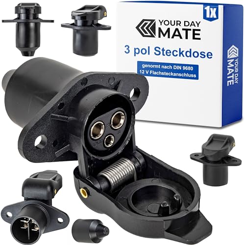 3 polige Steckdose, 1 Stück, 2-Loch Montageplatte, Hartplastik-Gehäuse, 3 pol Steckdose nach DIN 9680 genormt, mit Dichtring, Steckanschluss für 12 V Systeme, 3 pin Socket Landmaschine, Baumaschine