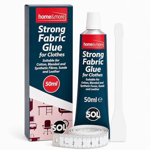 SOL 1pk Strong Fabric Glue for Clothes - 50ml Waterproof Fabric Adhesive with Spreader & Tape Measure - Textile Glue for Badges Patches Leather & Upholstery - 1pk x 50ml