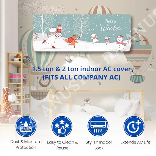 Image of Printed Split Ac Cover Combo Indoor Unit For 1.5 Ton Capacity AC, Inner Unit Ac Cover, All Weather Cover /Attractive Digital Prints /Dustproof /Water Resistant (Happy Winter & Mountain)